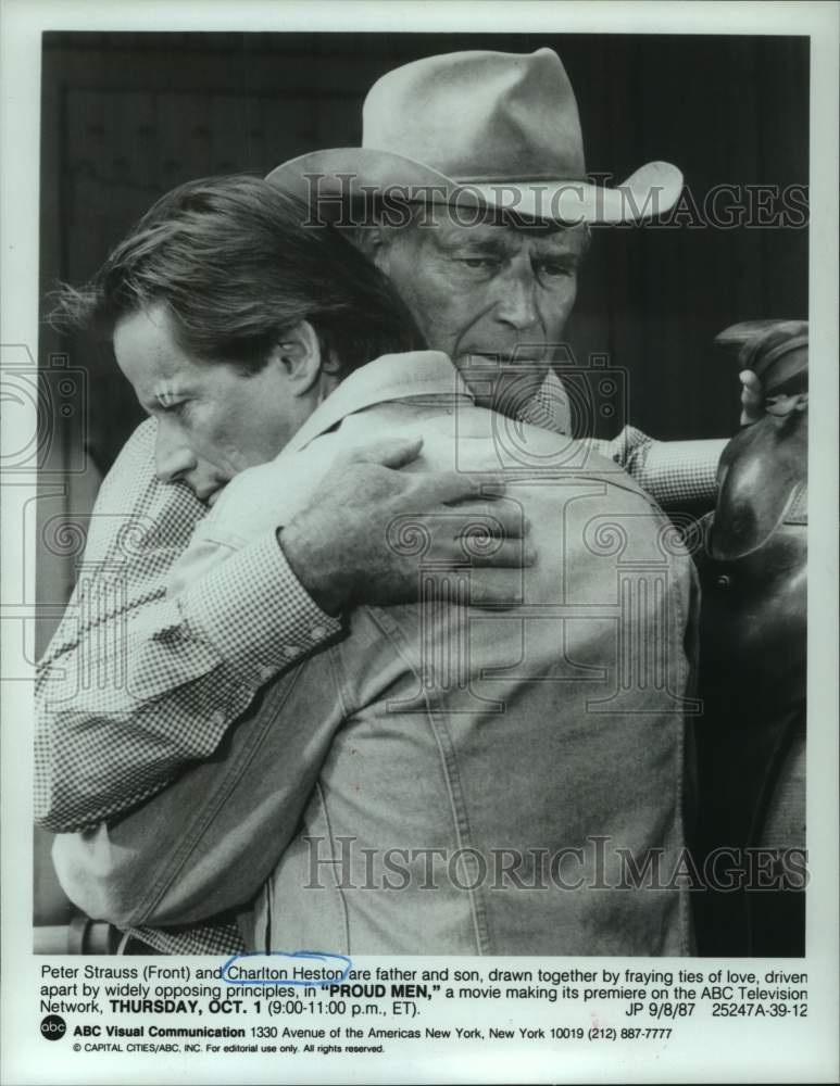 1987 Press Photo Peter Strauss &amp; Charlton Heston as father &amp; son in &quot;Proud Men&quot; - Historic Images