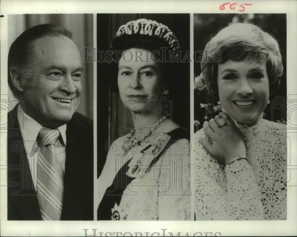 1977 Press Photo Bob Hope, Julie Andrews fete Queen Elizabeth&#39;s Silver Jubilee - Historic Images