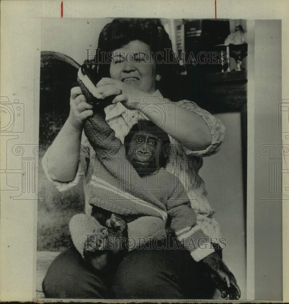 1973 Press Photo Mrs Joe Scheunemann dresses Tamoo, a 10-month-old gorilla, MN - Historic Images