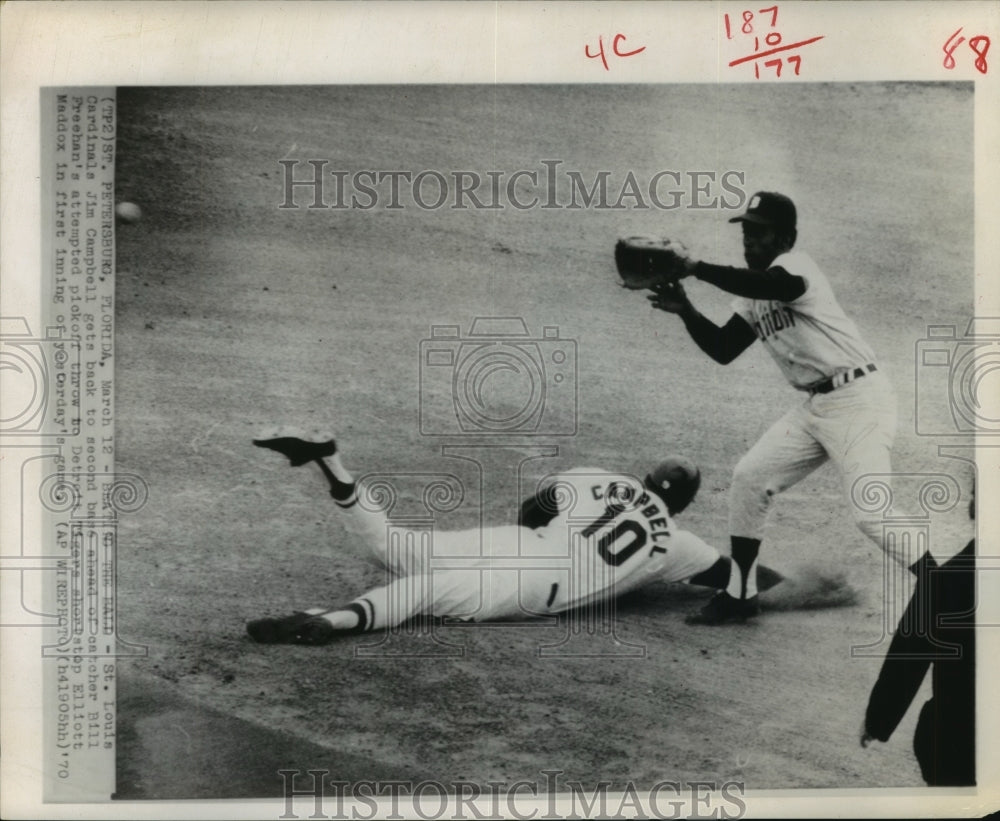 1970 Baseball St. Louis Cardinals Jim Campbell Gets to Second Base - Historic Images