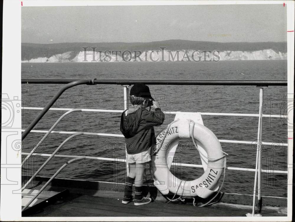 1970 Press Photo Young Boy with Binoculars Aboard East German Ferry, Sassnitz - Historic Images