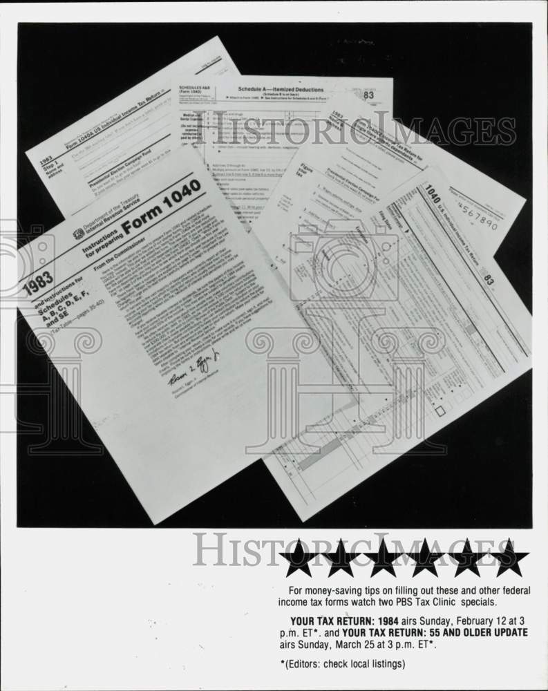 1984 Press Photo Forms discussed on PBS Tax Clinic special &quot;Your Tax Return.&quot; - Historic Images