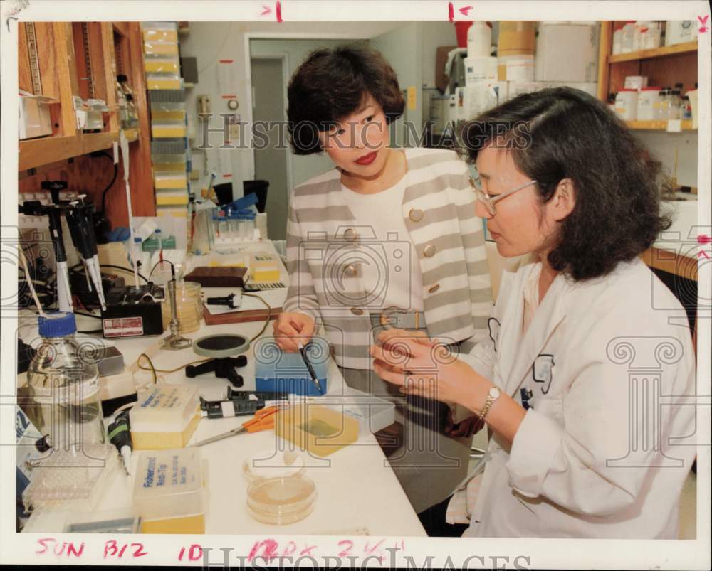 1993 Press Photo Tanox Biosystems&#39; Drs. Lee Sun, Nancy Chang Confer in Texas- Historic Images