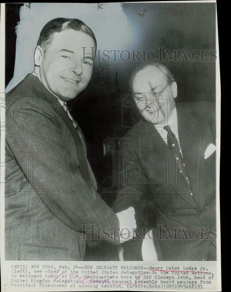 1953 Press Photo Henry Cabot Lodge and Gladwyn Jebb meet at United Nations.- Historic Images