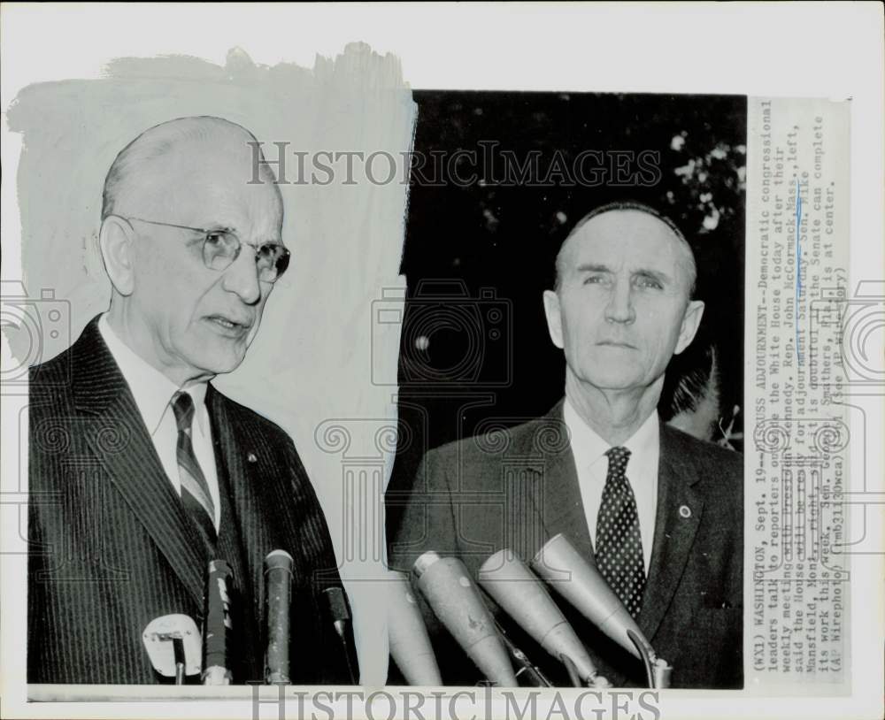 1961 Press Photo Congressmen John McCormack and Mike Mansfield with press in DC.- Historic Images