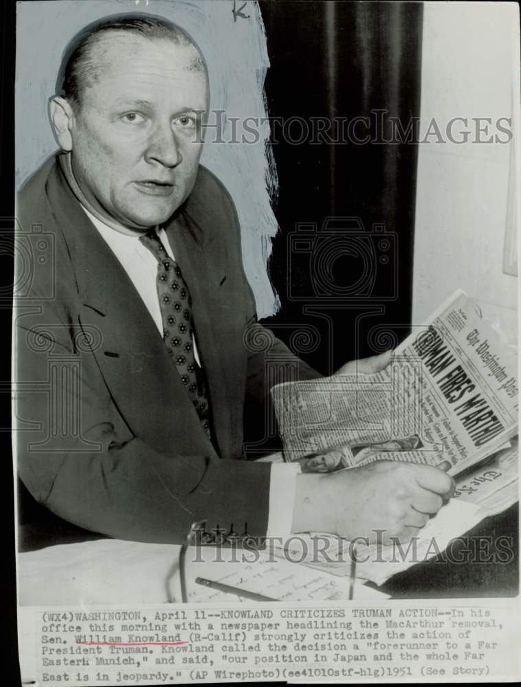 1951 Press Photo Senator William Knowland reads newspaper headline in Washington- Historic Images