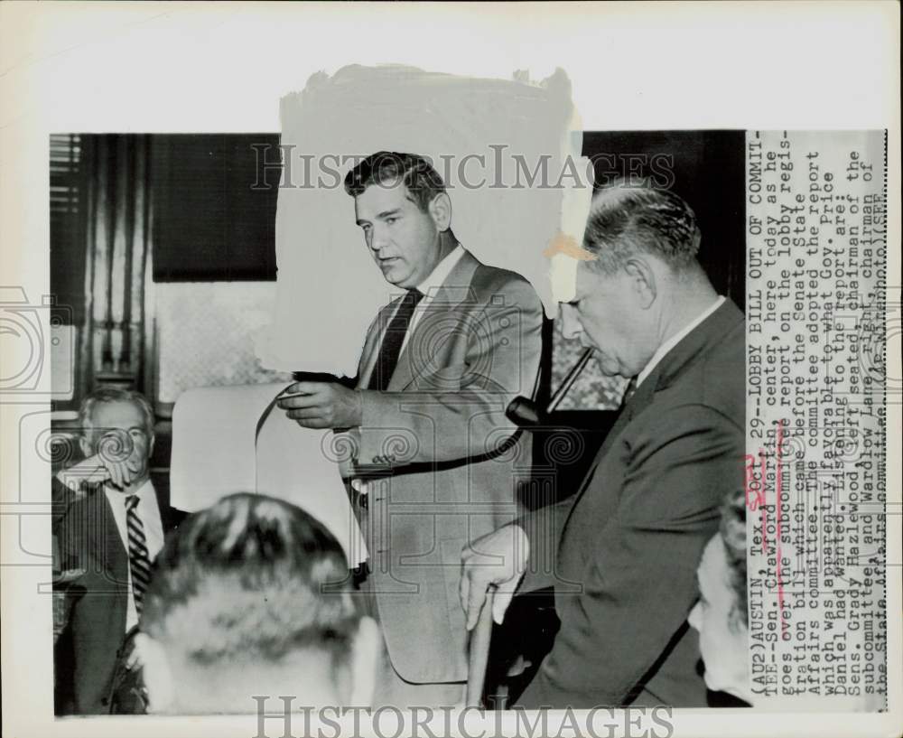 1957 Press Photo Senator Crawford Martin goes over lobby registration bill in TX- Historic Images