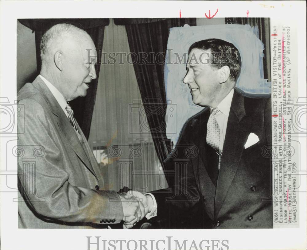 1956 Press Photo President Eisenhower greets Hugh Gaitskell at White House.- Historic Images