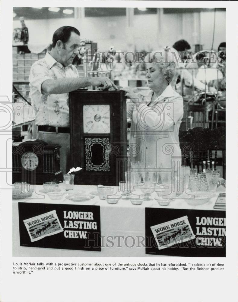 Press Photo Louis McNair &amp; Customer Discuss Antique Clock He Restored- Historic Images