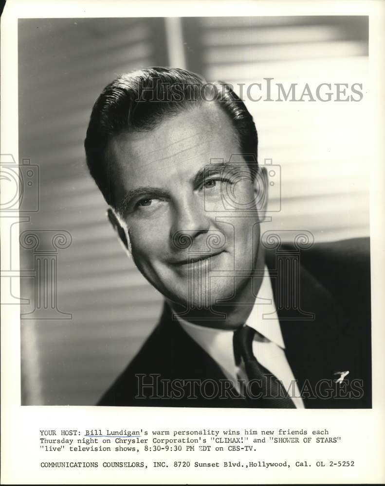 1957 Press Photo William Lundigan hosts &quot;Climax!&quot; and &quot;Shower of Stars.&quot; - Historic Images