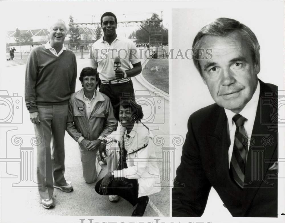 1983 Press Photo Dick Enberg &amp; Announcing Crew for Track &amp; Field Championships- Historic Images