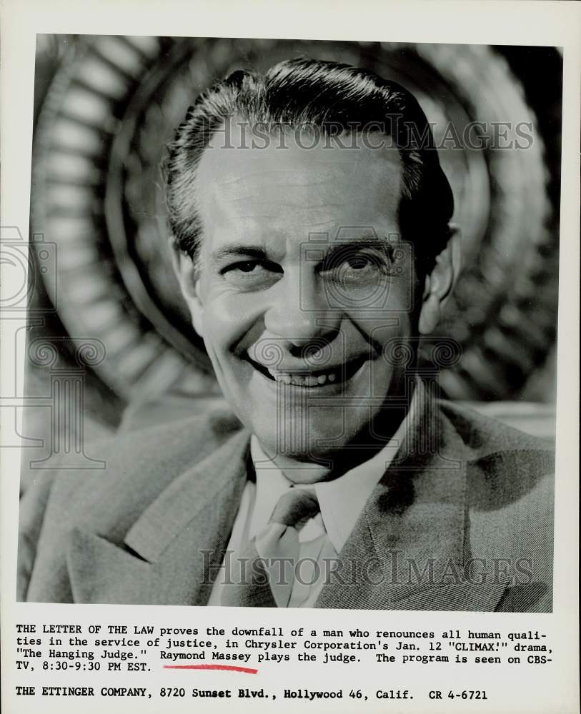 1956 Press Photo Actor Raymond Massey, Star of &quot;Climax!&quot; - hpp24047- Historic Images