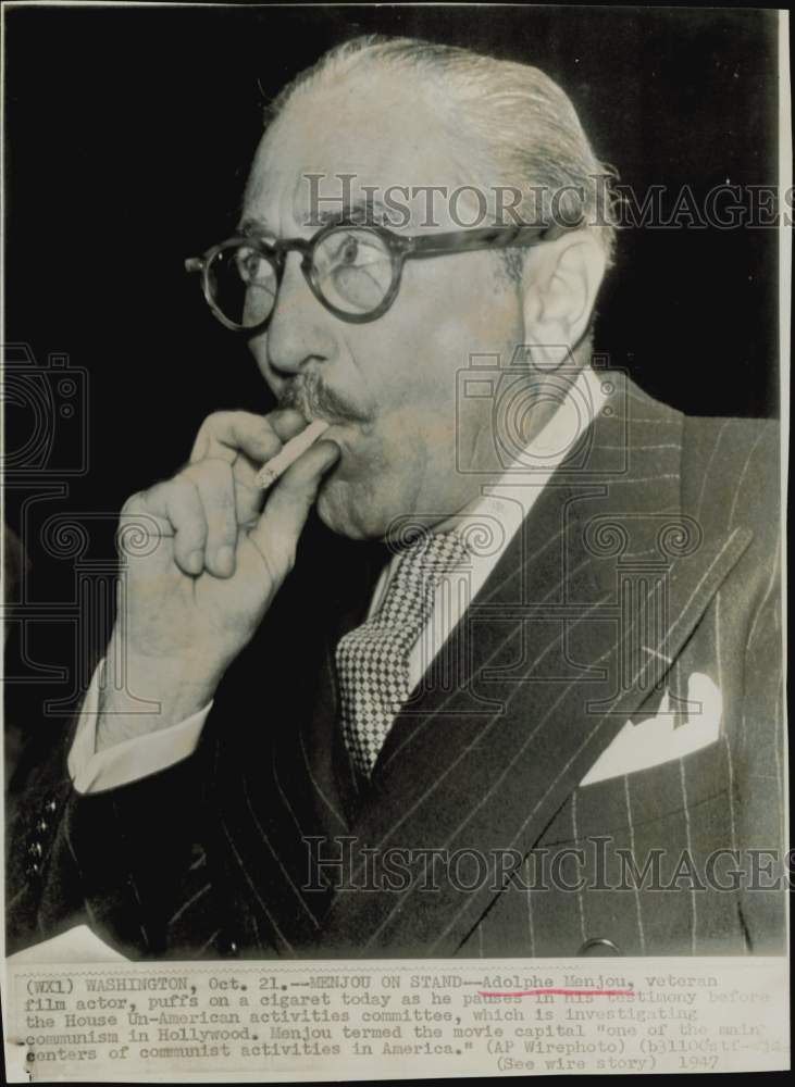 1947 Press Photo Actor Adolphe Menjou at House Un-American Activities Hearing- Historic Images