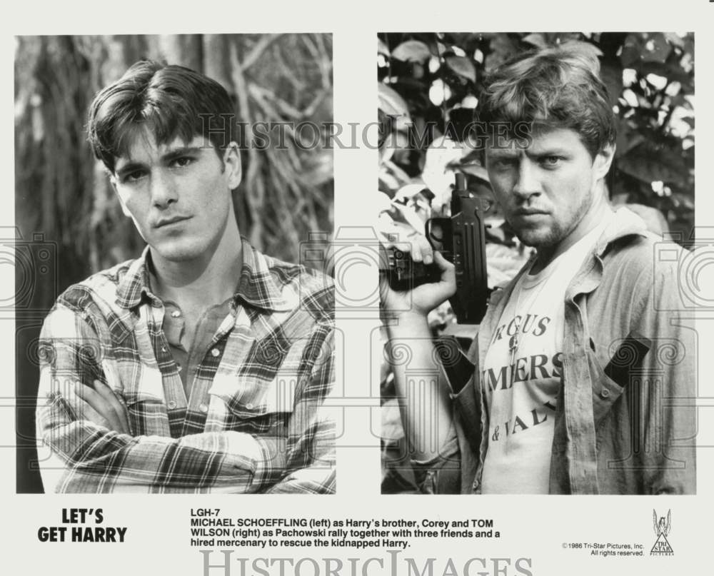 1986 Press Photo Actors Michael Schoeffling, Tom Wilson in &quot;Let&#39;s Get Harry&quot;- Historic Images