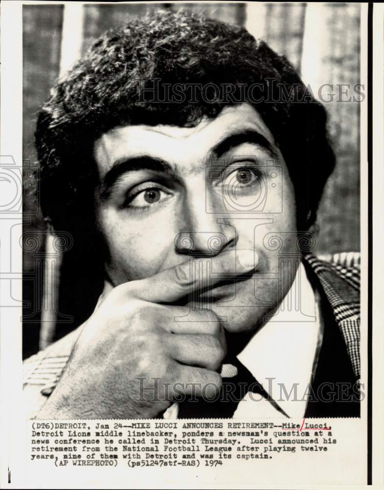 1974 Press Photo Mike Lucci, Detroit Lions Football Linebacker at Conference - Historic Images