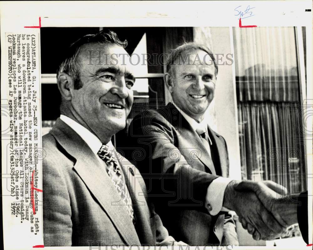 1972 Press Photo Whitey Lockman congratulated as Danny Murtaugh watches. - Historic Images