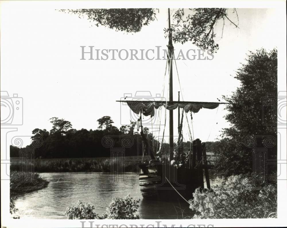 Press Photo &quot;Adventure&quot; Boat moored in Old Towne Creek at Charles Towne Landing - Historic Images