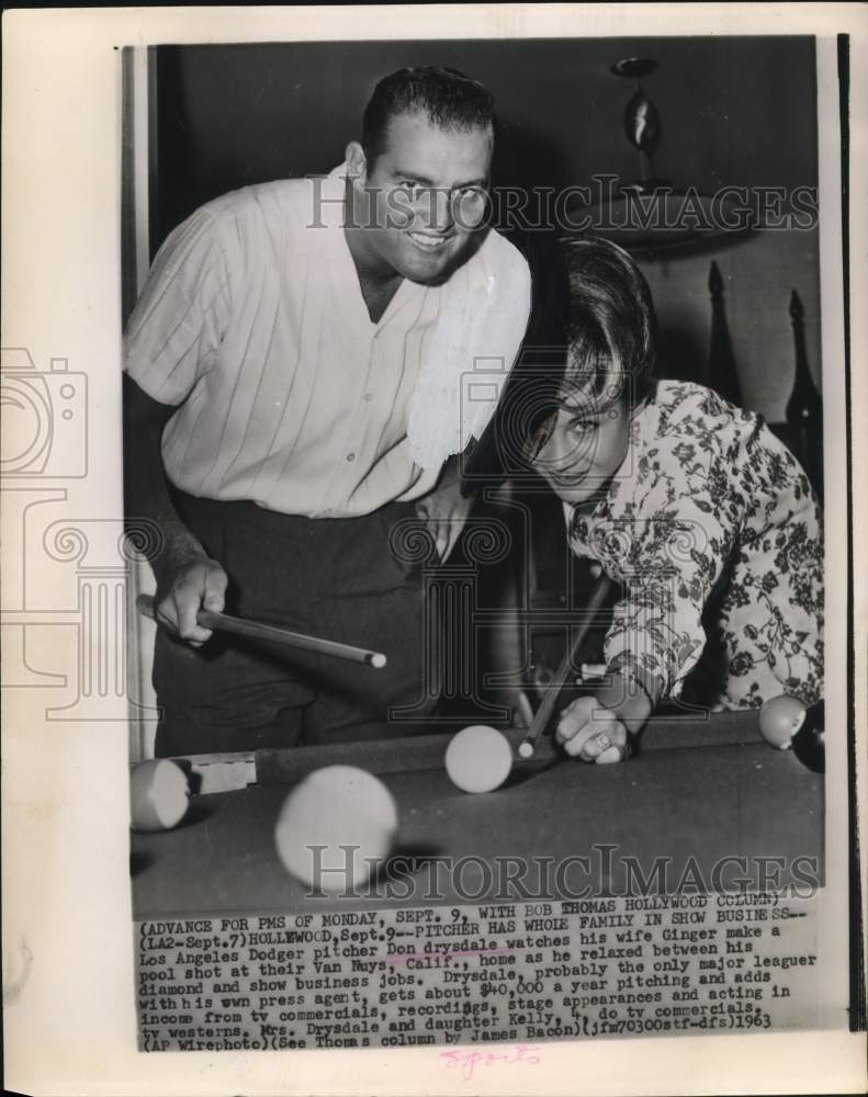 1963 Press Photo Los Angeles Dodger Pitcher Don Drysdale plays Pool with Wife- Historic Images