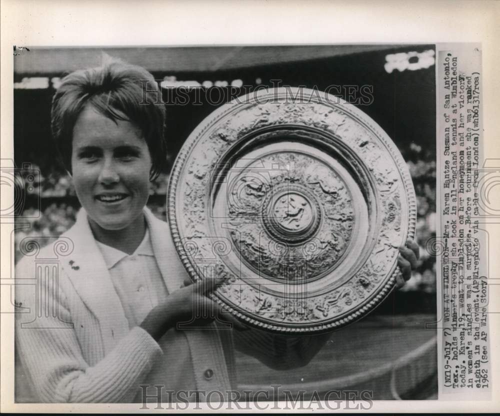 1962 Press Photo Tennis Player Karen Susman Wins Wimbledon Tournament, England- Historic Images