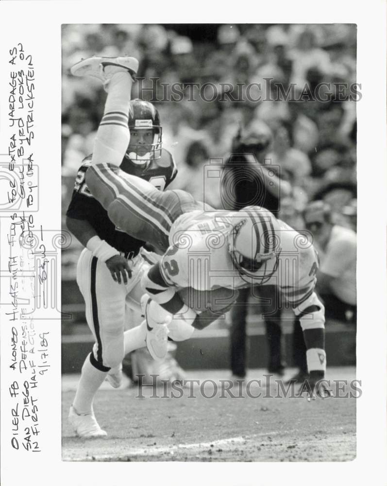 1989 Press Photo Oiler Alonzo Highsmith vs San Diego Chargers, NFL football game - Historic Images