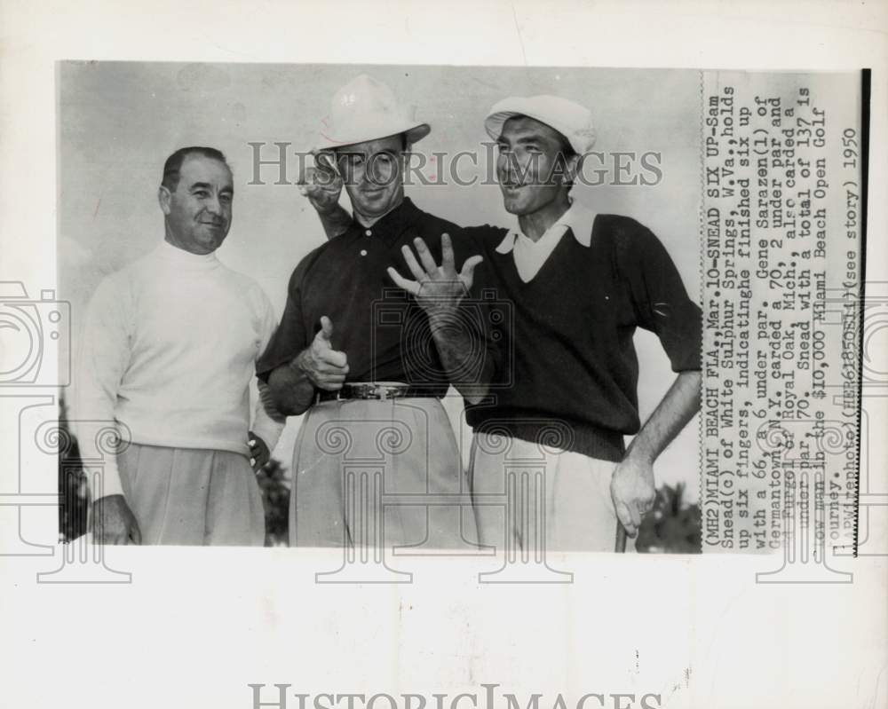 1950 Press Photo Golfers Sam Snead, Gene Sarazen &amp; Ed Furgol in Miami Beach - Historic Images