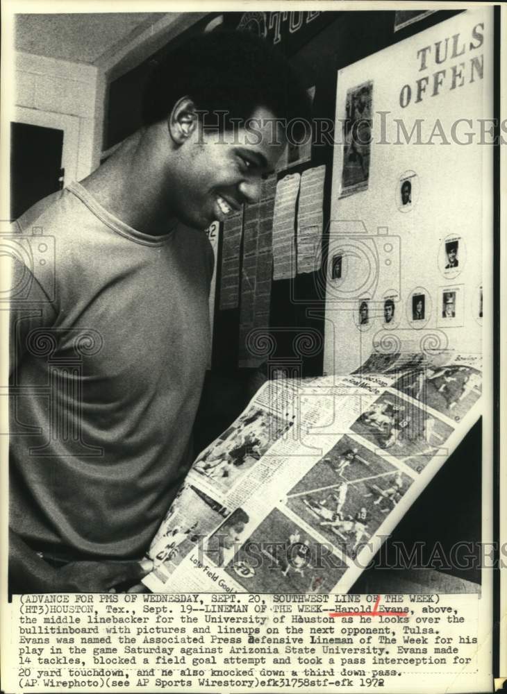 1972 Press Photo University of Houston football linebacker Harold Evans - Historic Images