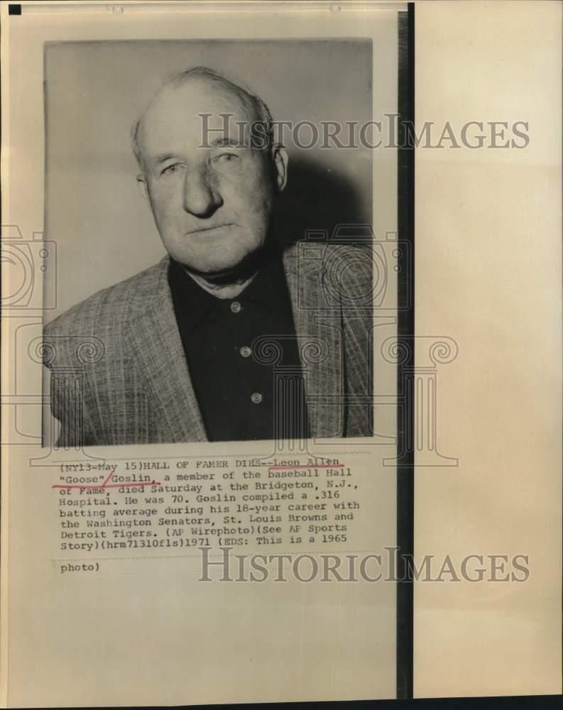 1965 Press Photo Baseball Hall of Famer Leon Allen &quot;Goose&quot; Goslin - hps20578- Historic Images