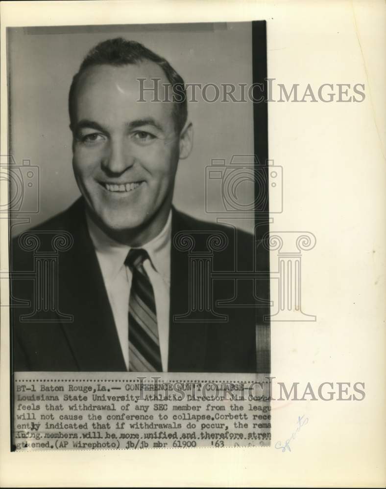 1963 Press Photo Louisiana State athletic director Jim Corbett in Baton Rouge - Historic Images