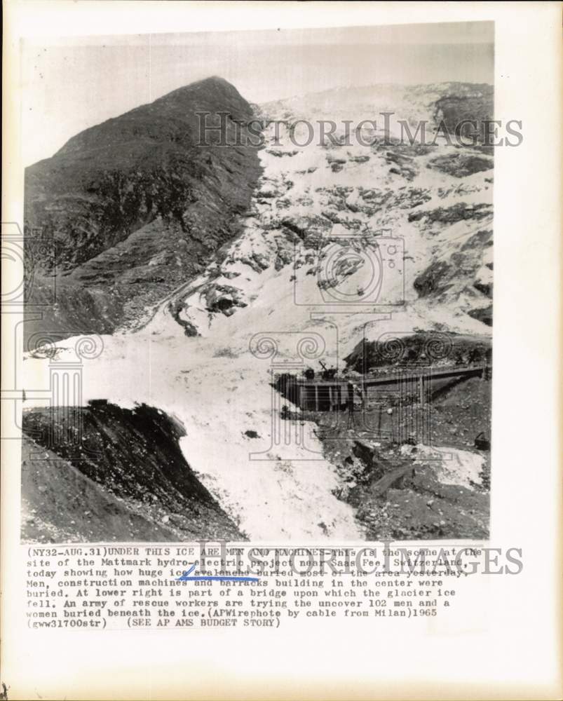 1965 Press Photo Avalanche buries Mattmark electric project in Switzerland- Historic Images