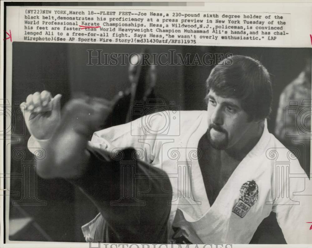 1975 Press Photo Karate champion Joe Hess demonstrates at New York press preview - Historic Images