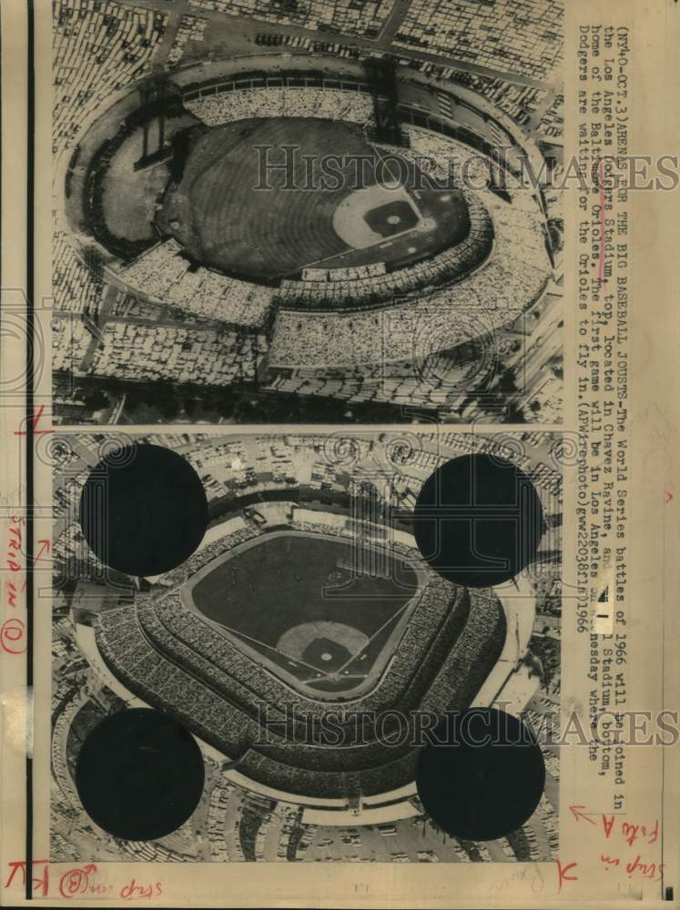 1966 Press Photo Los Angeles Dodger Stadium and Baltimore Memorial Stadium - Historic Images