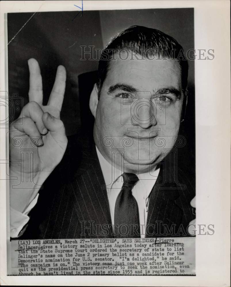 1964 Press Photo Pierre Salinger gives victory sign in Los Angeles. - hpw17808 - Historic Images