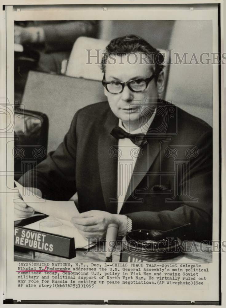 1965 Press Photo USSR Envoy to U.N. Nikolai Fedorenko Slams U.S. Vietnam Policy- Historic Images