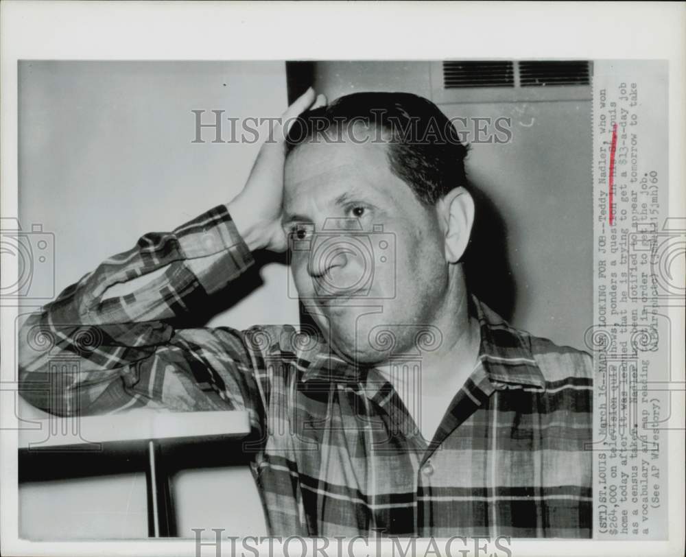 1960 Press Photo Teddy Nadler, quiz show winner, interviewed at his home.- Historic Images