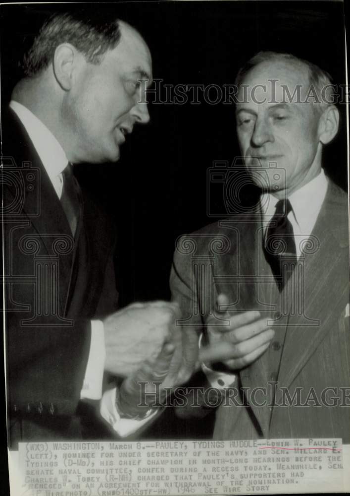 1946 Press Photo Edwin Pauley and Senator Millard Tydings confer in Washington.- Historic Images