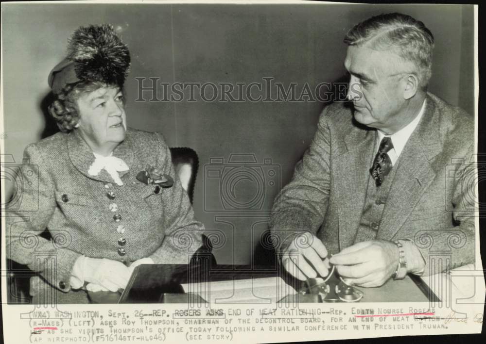 1946 Press Photo Edith N. Rogers and Roy Thompson discuss meat prices in D.C.- Historic Images