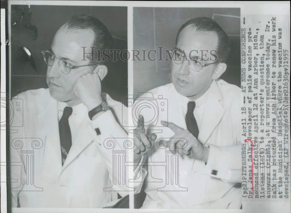 1955 Press Photo Dr. Jonas Salk listens and answers at Ann Arbor news conference- Historic Images