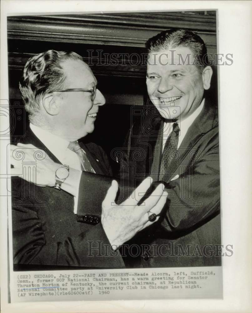 1960 Press Photo Meade Alcorn and Thruston Morton greet in Chicago. - hpw42930- Historic Images