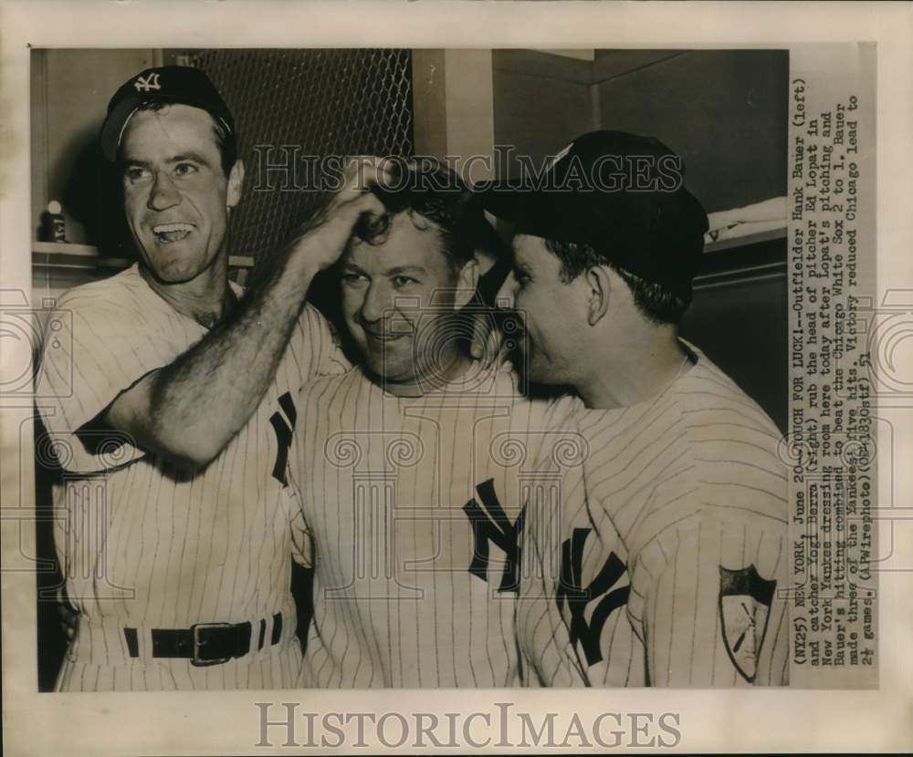 1951 Press Photo New York Baseball Players Hank Bauer, Yogi Berra, Ed Lopat - Historic Images