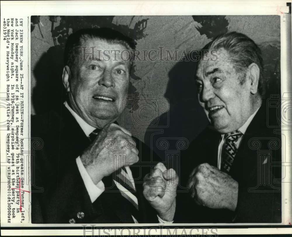 1974 Press Photo Boxers Gene Tunney and Jack Dempsey at New York Birthday Party- Historic Images