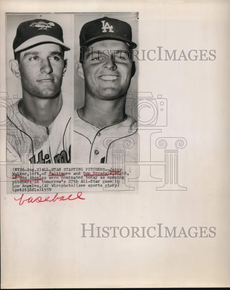 1959 Press Photo Jerry Walker of Baltimore, Don Drysdale of Los Angeles Baseball - Historic Images