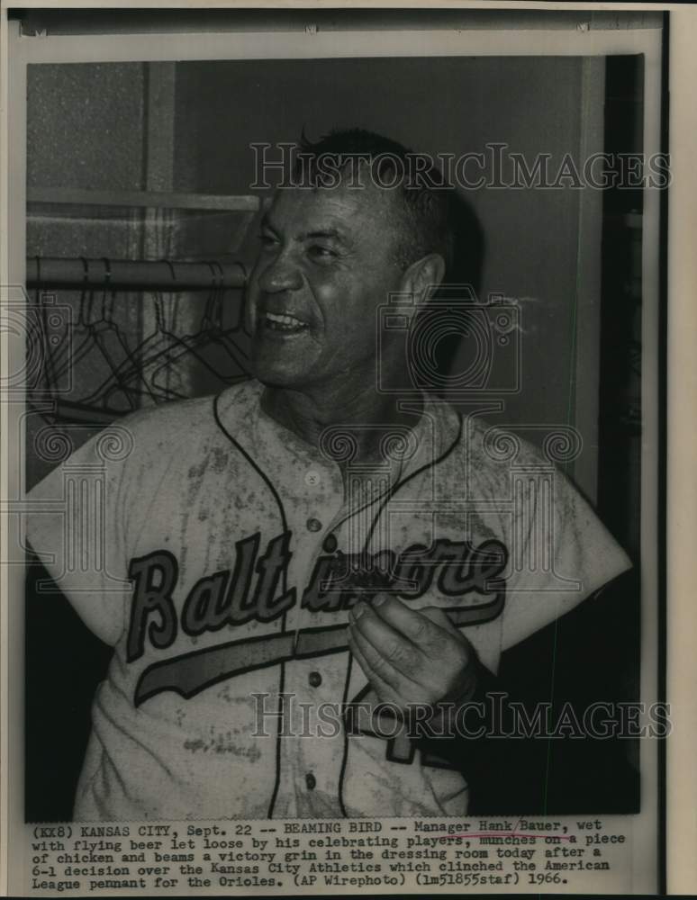 1966 Press Photo Baltimore Orioles Baseball Manager Hank Bauer after Victory - Historic Images