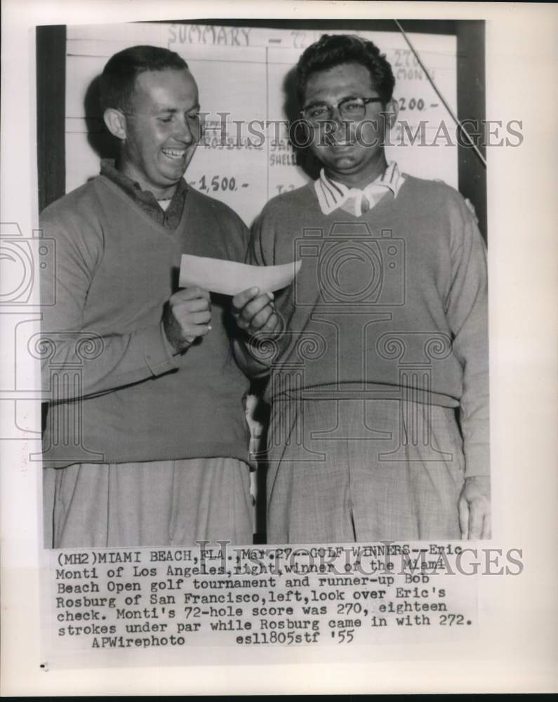 1955 Press Photo Eric Monti and Bob Rosburg, Miami Beach Open Golf Tournament - Historic Images