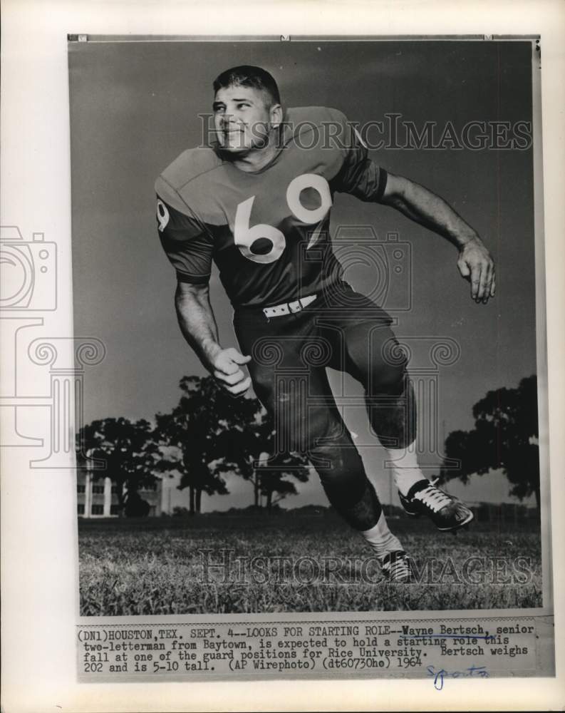 1964 Press Photo Wayne Bertsch, Rice University Football Guard - hpx02572 - Historic Images