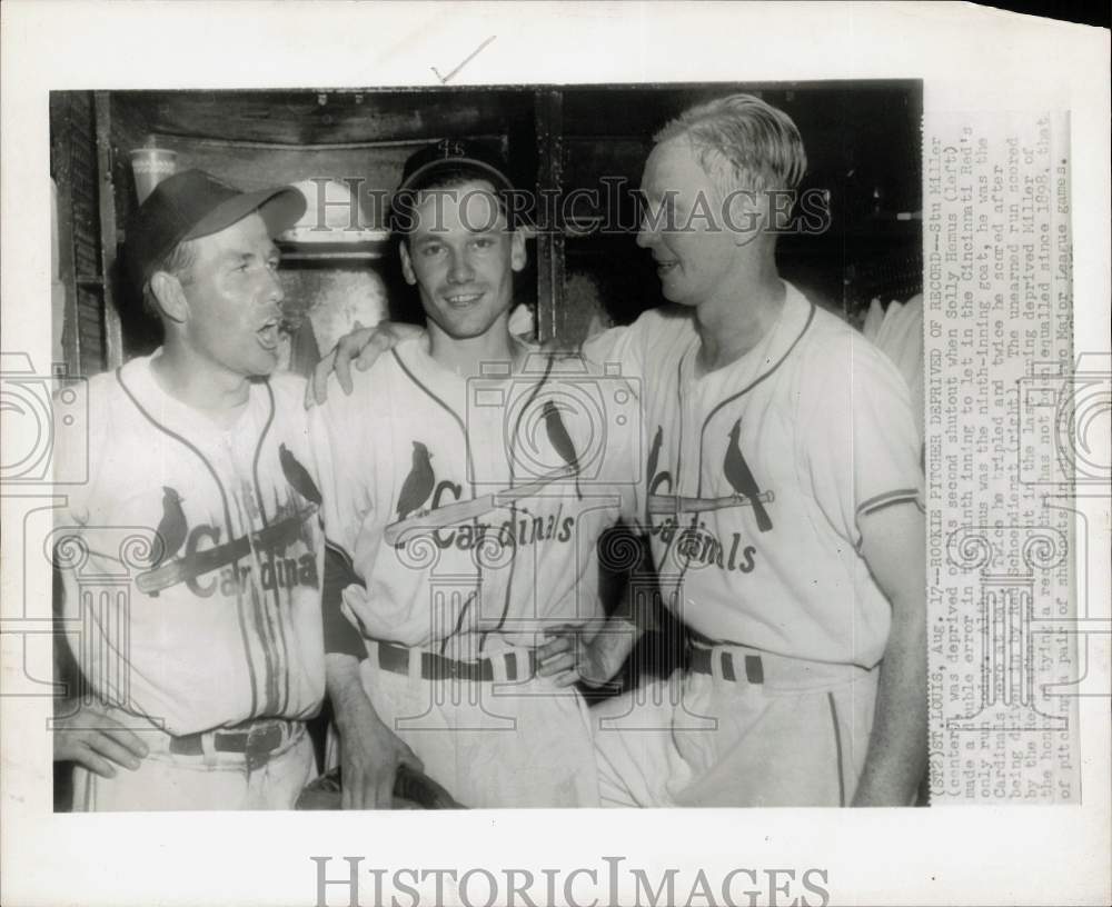 1958 Press Photo Cardinals Stu Miller, Solly Hemus, Red Schoendienst at game, MO - Historic Images