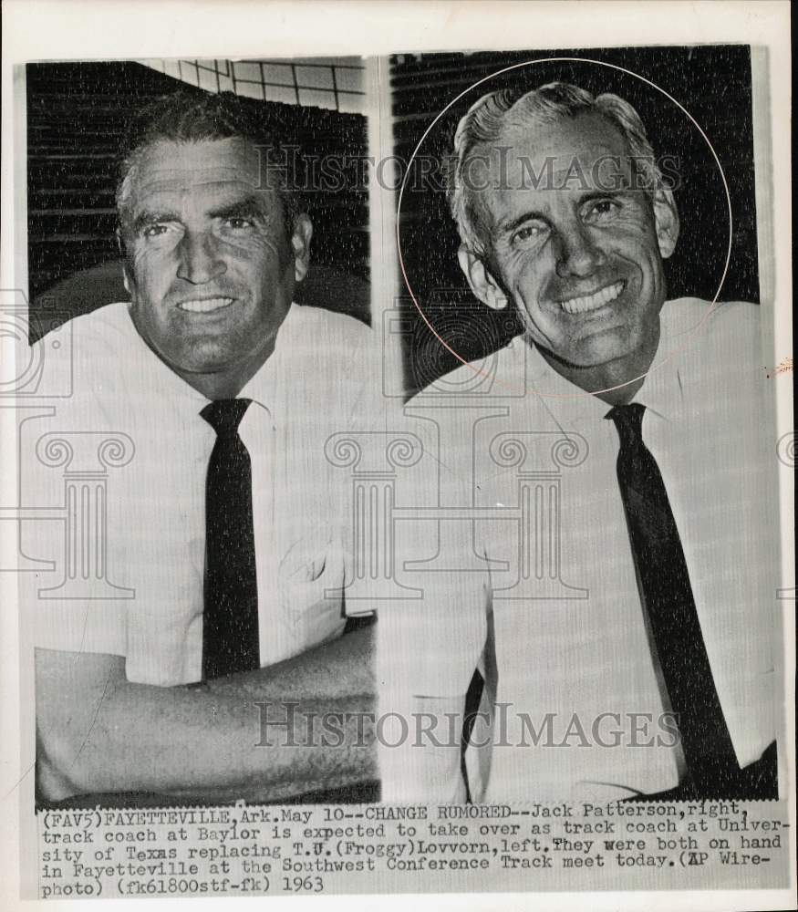 1963 Press Photo Jack Patterson and T.U. Lovvorn at Fayetteville, AR track meet - Historic Images