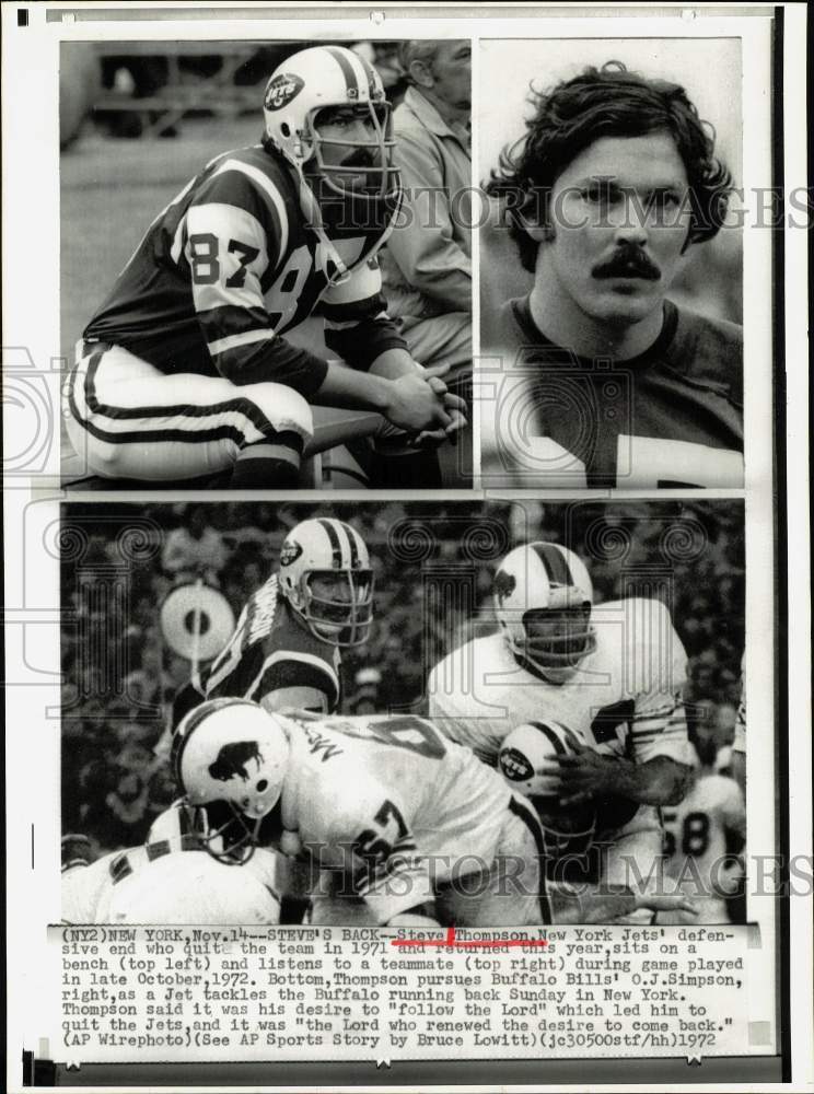 1972 Press Photo Jets football player Steve Thompson, on the bench and in action- Historic Images