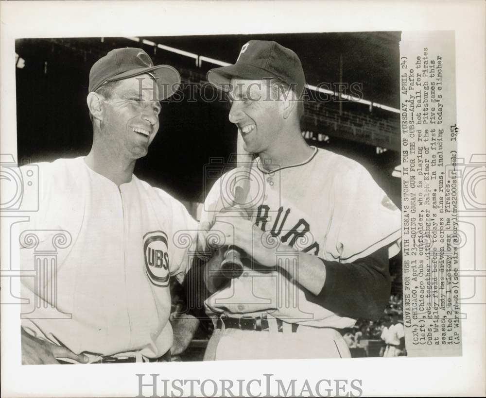 1951 Press Photo Andy Pafko and Ralph Kiner talk before baseball game in Chicago- Historic Images