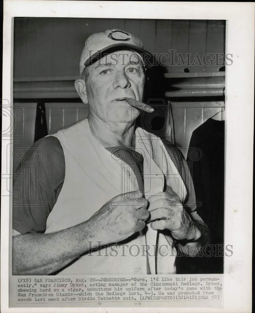 1958 Press Photo Acting Redlegs baseball manager Jimmy Dykes in San Francisco- Historic Images