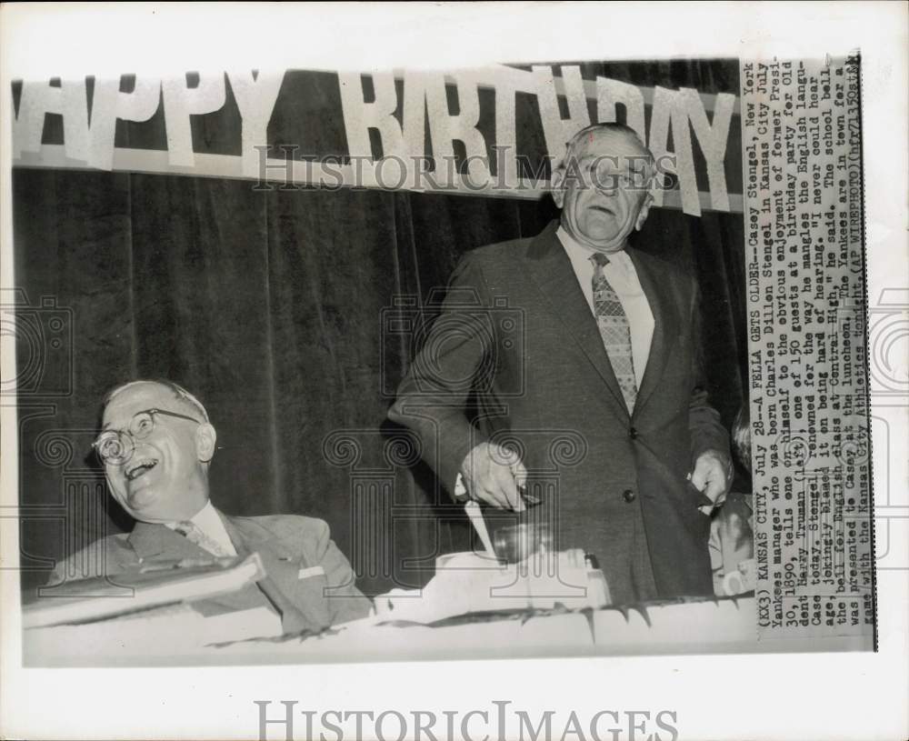 1956 Press Photo Yankees manager Casey Stengel with Ex-President Truman, Kansas - Historic Images